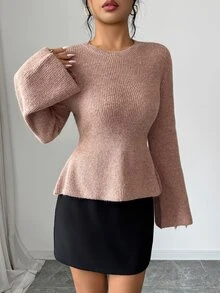Elenzga Women's Waist-Cinching Flared Sleeve Knit Sweater - Pink - View 4