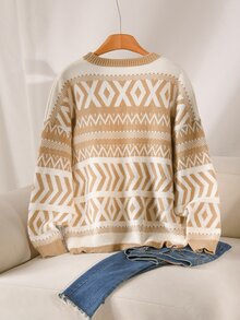 CosyJoli Sweater Pullover Lengan Panjang Jacquard Vintage Ukuran Besar untuk Musim Gugur/Dingin, Nyaman - Aprikot - View 3