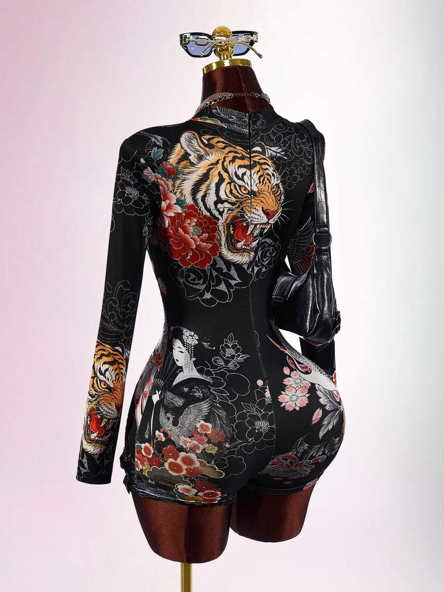Amplova Women's Sexy Tiger & Floral Print Romper - Multicolor - View 1