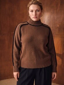 MOTF PREMIUM PLUS SIZE AUTUMN/WINTER FASHION CONTRAST TRIM SWEATER - Brown - View 7