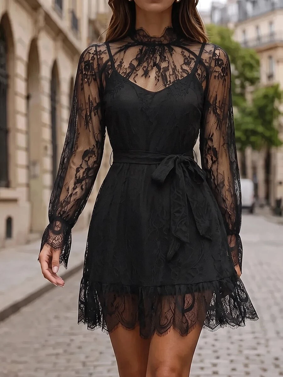 Editum Women's Lace Patchwork Pleated Sexy Date & Casual Dress - Black - View 1