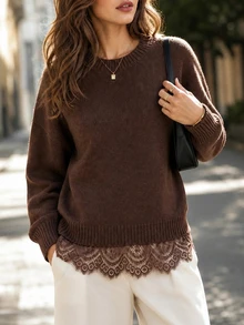 Editum Women's Solid Color Round Neck Drop Shoulder Long Sleeve Lace Hem Patchwork Sweater Brunch Dark Brown Autumn Casual - Brown - View 7