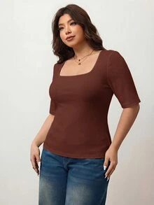 Enliva Plus Size Women's High Elasticity Fitted Square Neck Short Sleeve T-Shirt, Skin-Friendly Spring/Summer Style, Flattering For Round Body Shape (Suitable For Apple-Shaped Body) - Rust Brown - View 4
