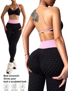 Slayform Women's Polka Dot Print Backless Halter Top & Leggings Sports Set - Black - View 1