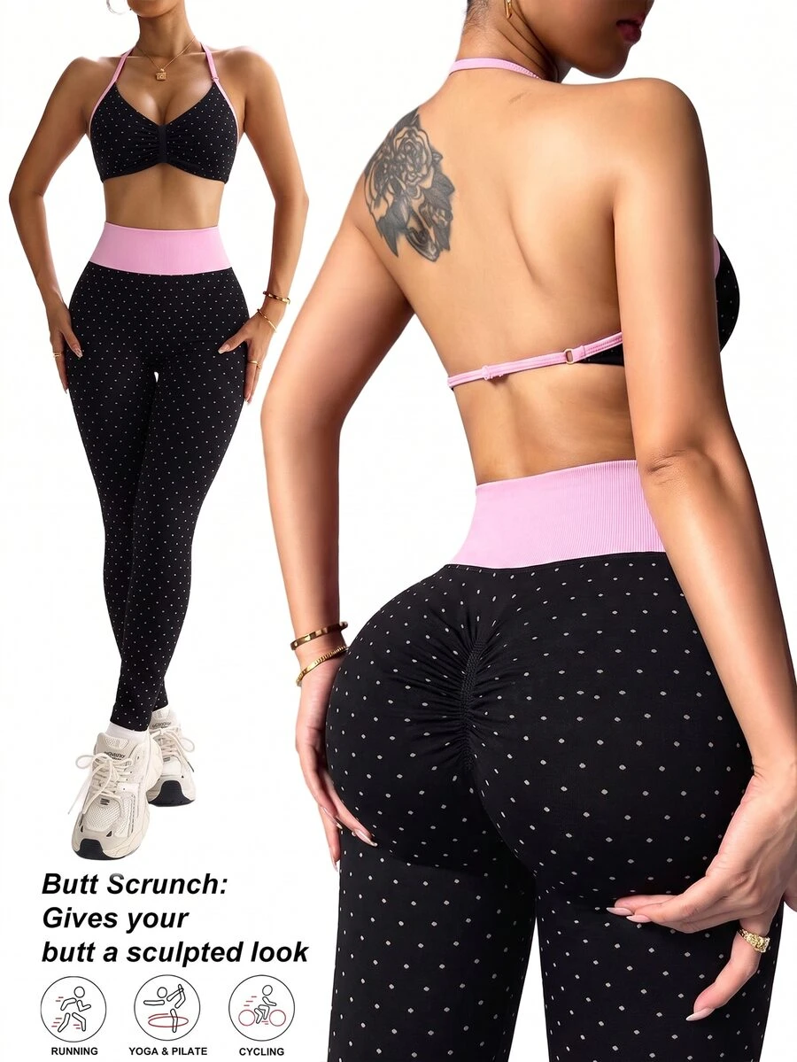Slayform Women's Polka Dot Print Backless Halter Top & Leggings Sports Set - Black - View 1