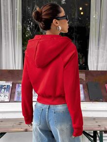 SHEIN EZwear 女款休閒舒適秋冬紅色連帽開襟長袖運動衫 - 紅色 - 查看 2