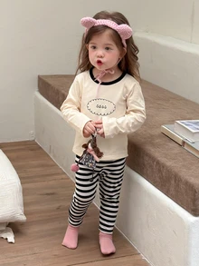 Dazy Kids Baby Girl Long Sleeve Top And Striped Long Pants Casual Daily Home Sleepwear Set Fall - Black and White - View 9