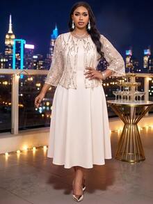 SHEIN Lady CURVE Plus Size Women's Solid Color Dress And Mesh Cardigan Fashion 2 Pieces Set - Gold - View 5