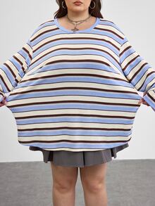 SHEIN CURVE+ 大尺碼 2026 秋季圓領露肩粉色寬鬆 1920s 80s 長版，冬季 22W 返校季 - 藍色 - 查看 4