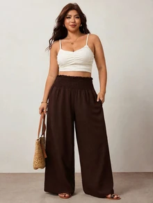 Enliva Plus Size Women's Solid Color Ruffle Elastic Waist Wide Leg Loose Casual Pants, Suitable For Daily Casual And Commuting Wear - Brown - View 8
