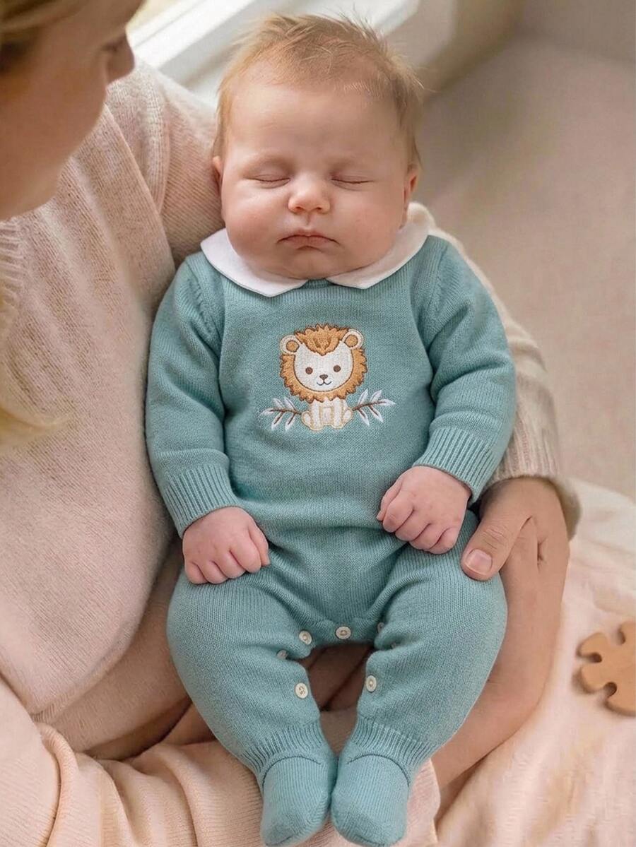 Kids Newborn Cartoon Embroidered Knit Romper Sweater Crawl Suit - Green - View 1