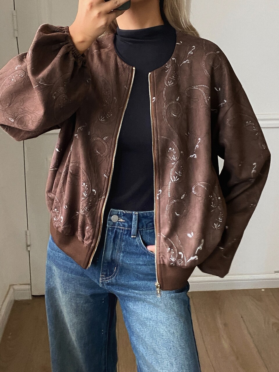 Brown Floral Embroidered Round Neck Zipper Loose Drop Shoulder Long Sleeve Casual Suede Aviator Jacket Fall