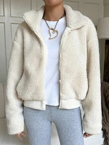 Livesso Cream White Lapel Zip-Up Pocket Loose Drop Shoulder Long Sleeve Casual Fleece Short Jacket - White - View 5