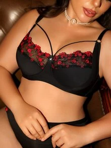 Divavoom Plus Size Black Lace Patchwork Underwire Comfortable Thin Cup Bra, 1pc - Black - View 3