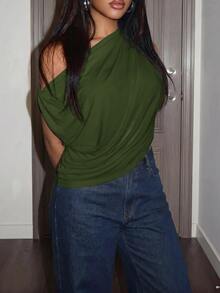 Slaydiva Women's Casual Asymmetrical Shoulder Ruched T-Shirt, Vacation Streetwear - Dark Green - View 7