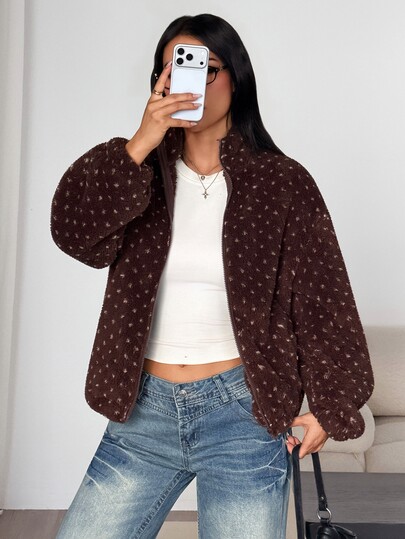 SHEIN EZwear Women's Plush Polka Dot Zip-Up Long Sleeve Jacket, Casual Everyday Wear