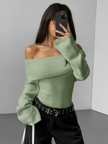 SHEIN Clasi 女款優雅露肩套頭毛衣，時尚款 - 綠色 - 查看 5