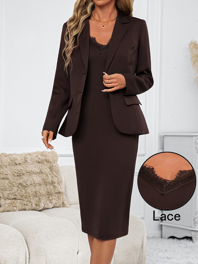 SHEIN Clasi Women's 2 Pieces Suit Set,Casual Coffee Brown Blazer Jacket & Spaghetti Strap Waist Cinched Straight