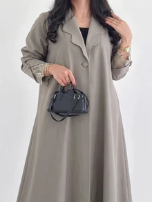 Al Najma Plus Size Lapel Collar Open Front Abaya Maxi Coat Lace Cuff Trim Long Sleeve Loose Modest Fall Muslim Outerwear - Khaki - View 3
