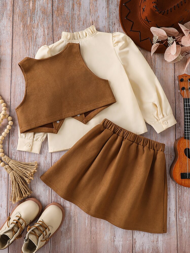 SHEIN Young Girl Woven Solid Color Stand Collar Casual Shirt + Vest + Skirt Outerwear 3 Pieces Set - Khaki - View 2