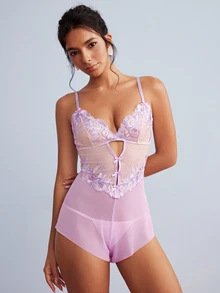 Elorette Women's Floral Embroidered Mesh Camisole Romper - Mauve Purple - View 3
