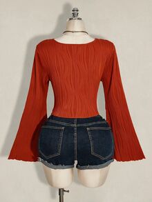 SHEIN ICON 女款大尺碼黑色紋理前綁帶上衣 - 橘色 - 查看 2