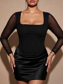 SHEIN BAE CURVE Plus Size Women's Mesh Patchwork Fashion Date Party Dress Fall - Black - View 4