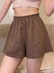 DAZY Women's Brown Plaid High Waist Elastic Waist Frill Trim Loose Casual Preppy Vintage Versatile Wide Leg Shorts Everyday Daily Summer School - Khaki - View 1