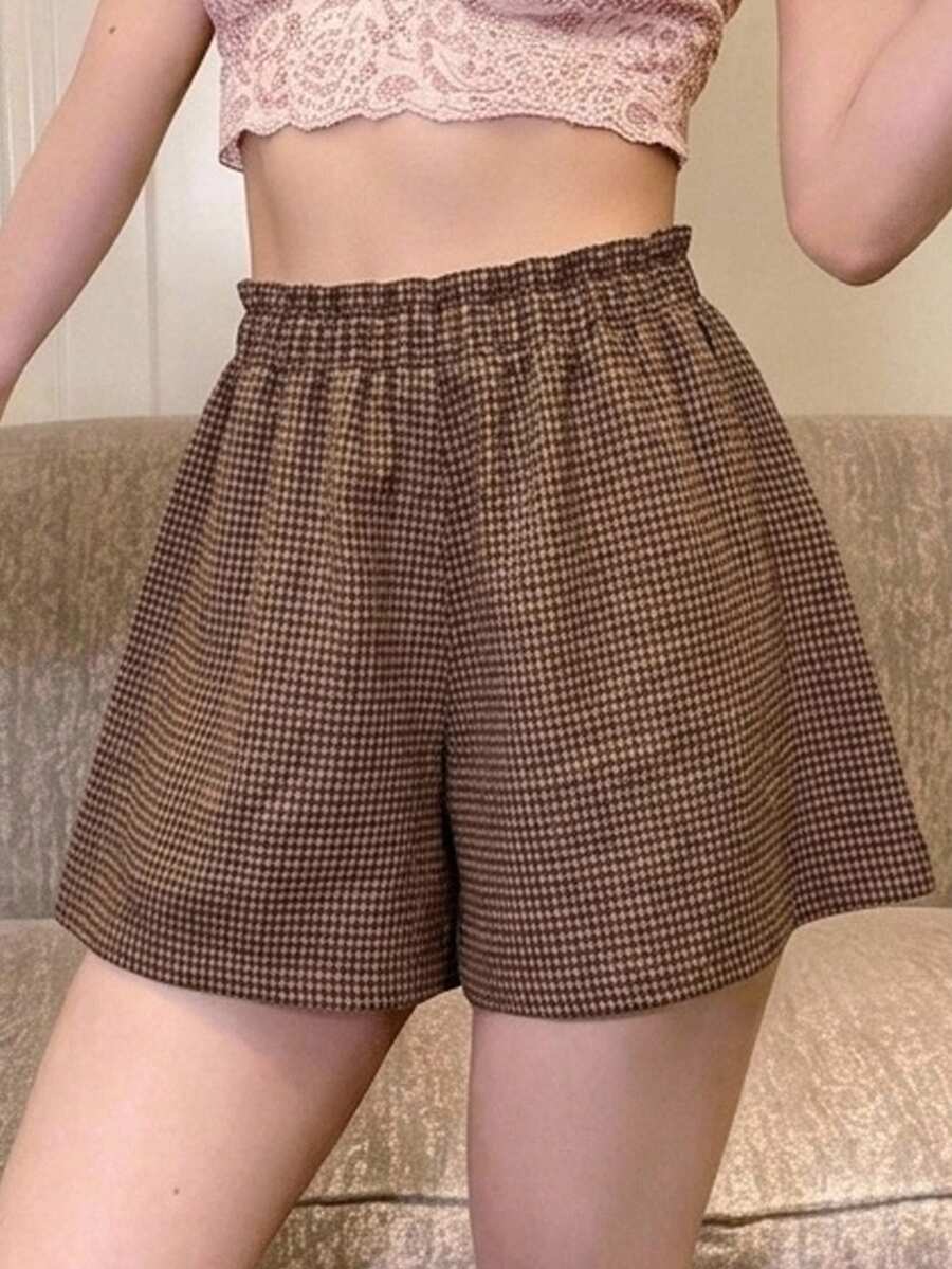 DAZY Women's Brown Plaid High Waist Elastic Waist Frill Trim Loose Casual Preppy Vintage Versatile Wide Leg Shorts Everyday Daily Summer School - Khaki - View 1
