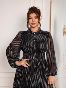 Modelyn Elegant Polka Dot Print Long Sleeve Cinched Waist A-Line Regular Fit Plus Size Dress For Spring And Autumn - Black - View 5