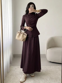 Solavon Women's Button Pleated Long Sleeve Shirt And Long Skirt 2 Pieces Set - Brown - View 4