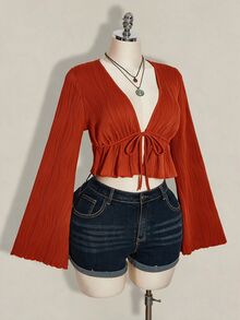 SHEIN ICON 女款大尺碼黑色紋理前綁帶上衣 - 橘色 - 查看 6