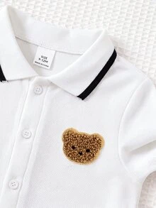 SHEIN 新生兒男嬰/女嬰秋冬款可愛卡通圖案 Polo 領長袖連身衣 - 白色 - 查看 3