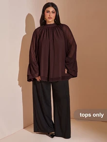 SHEIN BAE CURVE 大尺碼女款棕色長袖V領蕾絲飾邊上衣，喇叭袖上衣，優雅性感，適合約會、通勤、生日派對、外出 - 咖啡棕 - 查看 6