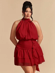 SHEIN BAE 大尺碼女款純色百褶時尚約會掛脖迷你洋裝 - 紅色 - 查看 6