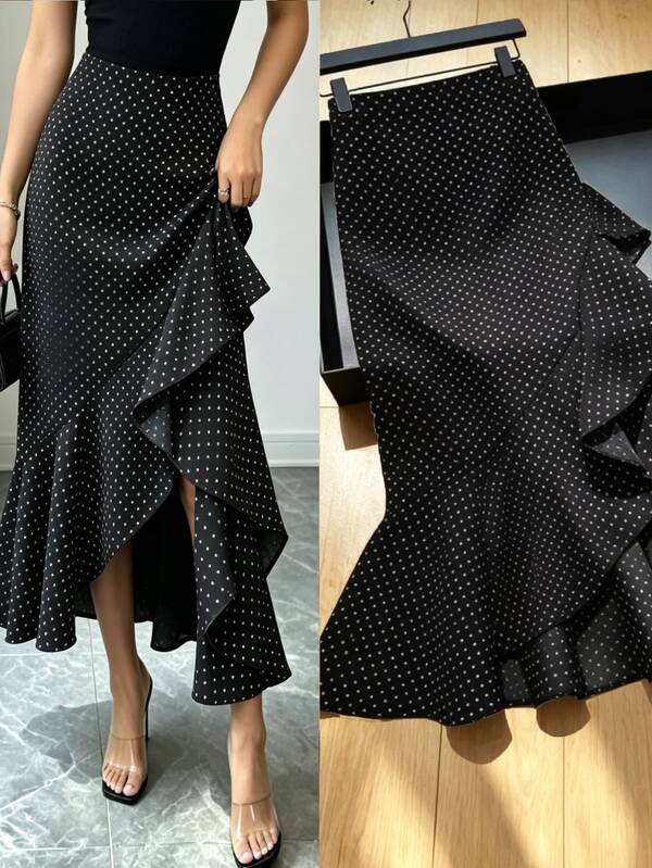 SHEIN Tall Women's Casual Vintage Black Small Polka Dot Asymmetrical Ruffle Hem Skirt, French Style Elegant Versatile Commuter Skirt