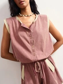 Bohemela Women's Contrast Trim Drawstring Waist Romper - Dusty Pink - View 5