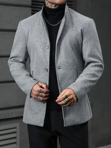 Manfinity CasualCool 男士立領中長版灰色單排扣羊毛大衣，休閒夾克，秋冬英式商務休閒通勤羊毛外套 - 灰色 - 查看 5