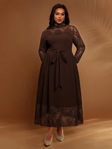 BrightlyHer Plus Size Solid Brown Lace Patchwork Stand Collar Long Sleeve Belted Elegant Dress Autumn 2026 Formal Dinner Evening - Brown - View 3
