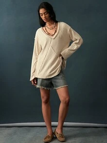 Bohemela Women's Autumn Casual Solid Color Long Sleeve T-Shirt - Apricot - View 5