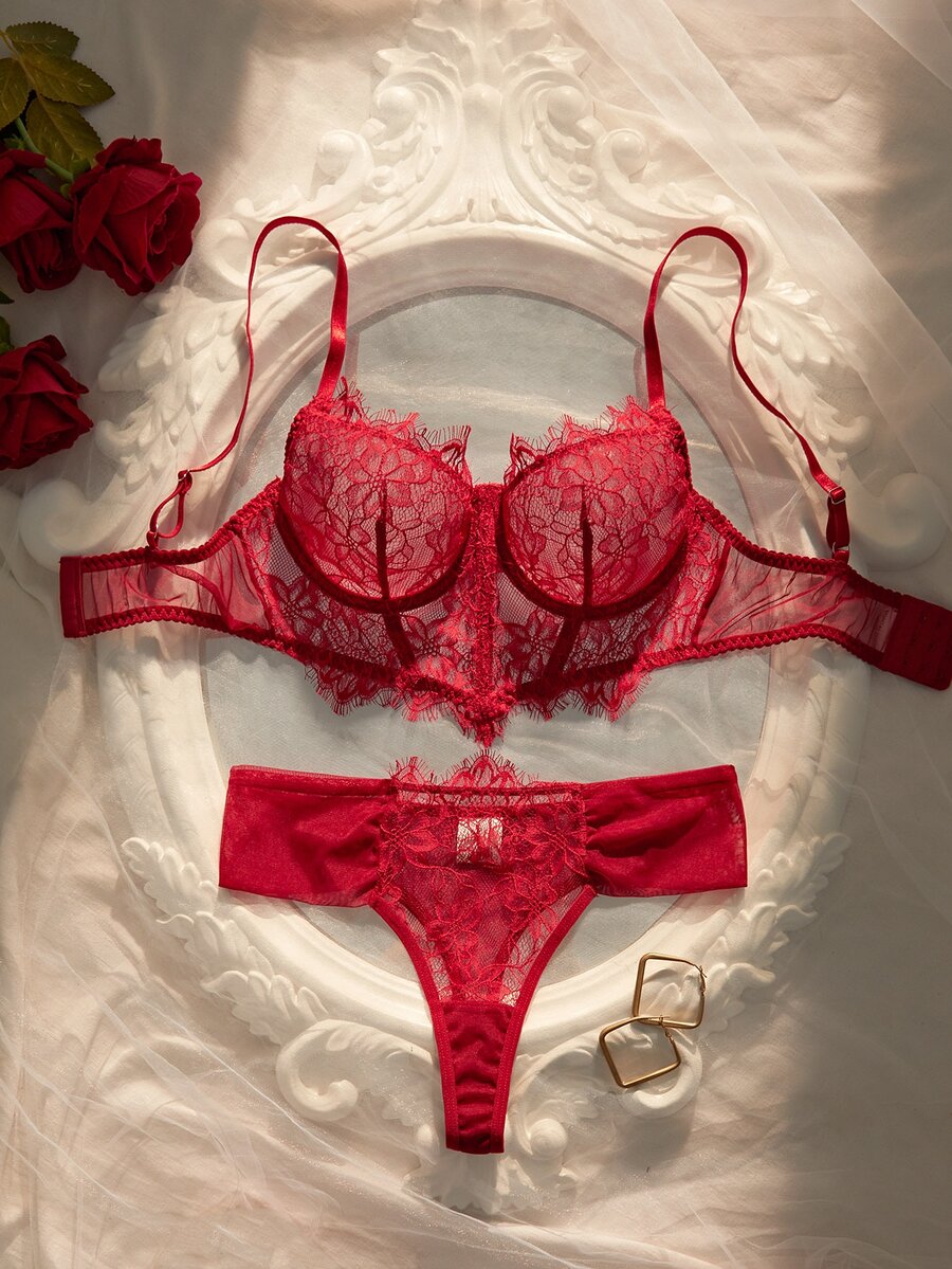 Crystal Vow Romantic Lace & Mesh Underwire Lingerie Set, 2 Pieces - Burgundy - View 1