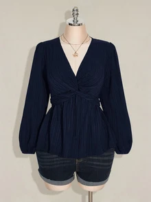 SHEIN ICON 女款大尺碼黑色紋理前打結燈籠袖上衣 - 藏蓝色 - 查看 4