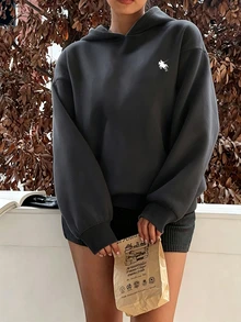 青少年女孩刺繡寬鬆連帽衛衣，舒適厚實柔軟保暖秋季上衣，開學季穿搭 - 深灰色 - 查看 4