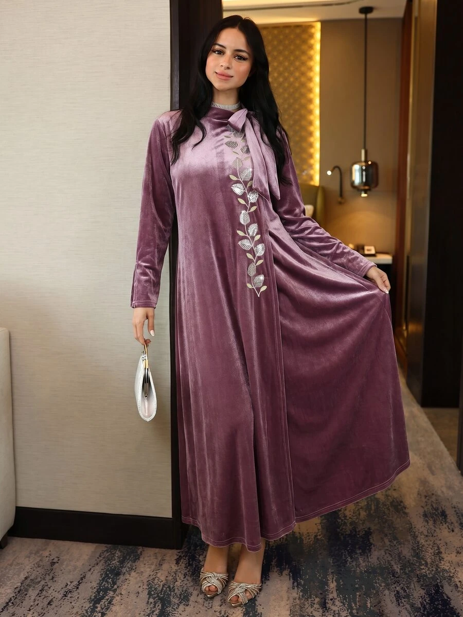 Yasmyna Gaun Pesta Kasual Wanita Motif Bordir Daun Berpayet Gaya Arab - Berwarna merah muda - View 1