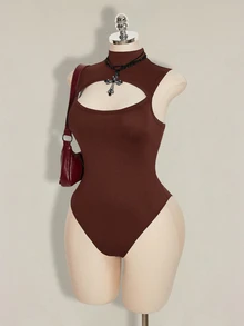 SHEIN ICON 女款大尺碼鏤空連身衣 - 摩卡棕 - 查看 4