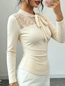SHEIN Lace Patchwork Ribbon Bow Asymmetrical Neckline Cinched Waist Long Sleeve T-Shirt - White - View 3