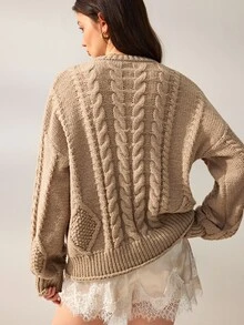 Willow Rêve Women's Khaki Chunky Knit Cardigan Loose Casual Sweater - Khaki - View 2
