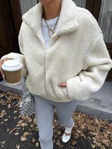 Livesso Cream White Lapel Zip-Up Pocket Loose Drop Shoulder Long Sleeve Casual Fleece Short Jacket - White - View 1