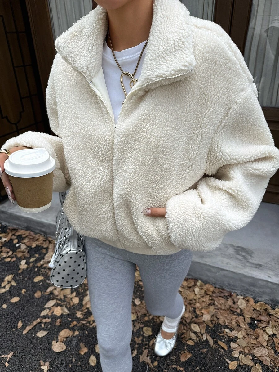 Livesso Cream White Lapel Zip-Up Pocket Loose Drop Shoulder Long Sleeve Casual Fleece Short Jacket - White - View 1