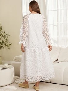 EMERY ROSE Plus Size Solid White Lace Patchwork V-Neck Long Sleeve Bow Front Ruffle Party Dress Fall Winter 2026 - White - View 4